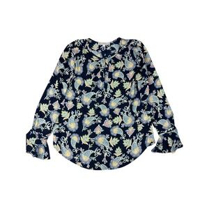 LOFT Navy Blue Multi Floral Vine Blouse Small Flutter Sleeve Keyhole Rounded Hem